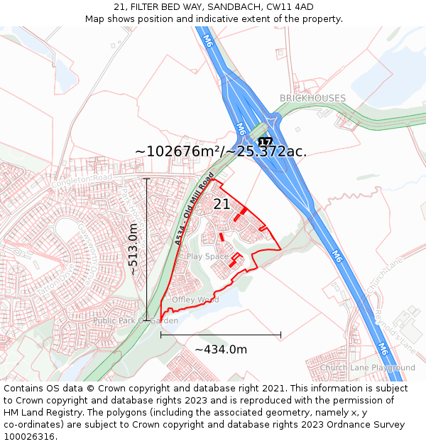 21, FILTER BED WAY, SANDBACH, CW11 4AD: Plot and title map