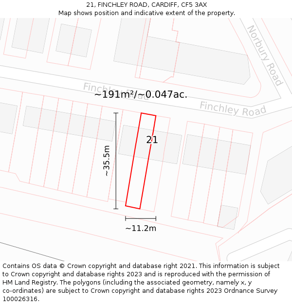 21, FINCHLEY ROAD, CARDIFF, CF5 3AX: Plot and title map