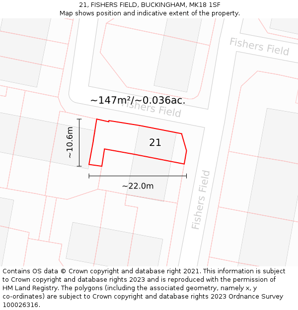 21, FISHERS FIELD, BUCKINGHAM, MK18 1SF: Plot and title map