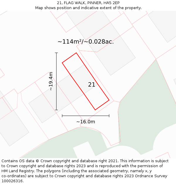 21, FLAG WALK, PINNER, HA5 2EP: Plot and title map