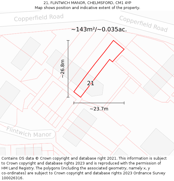 21, FLINTWICH MANOR, CHELMSFORD, CM1 4YP: Plot and title map