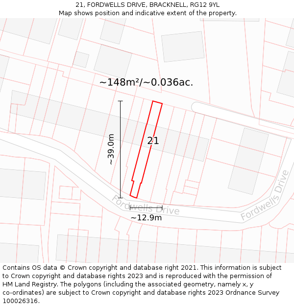 21, FORDWELLS DRIVE, BRACKNELL, RG12 9YL: Plot and title map