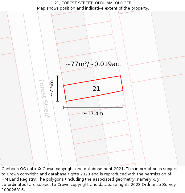 21, FOREST STREET, OLDHAM, OL8 3ER: Plot and title map