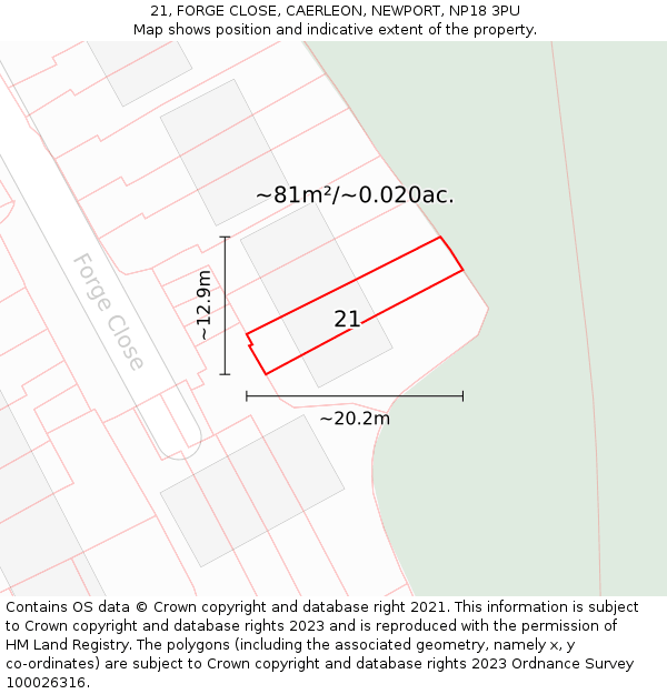 21, FORGE CLOSE, CAERLEON, NEWPORT, NP18 3PU: Plot and title map