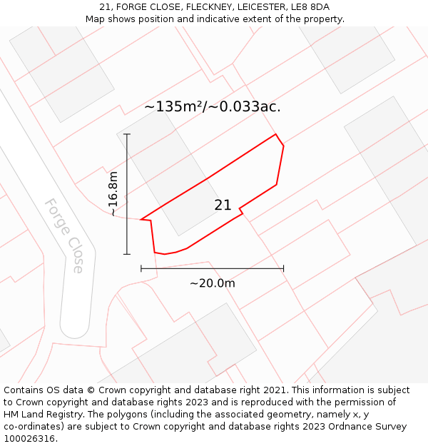 21, FORGE CLOSE, FLECKNEY, LEICESTER, LE8 8DA: Plot and title map
