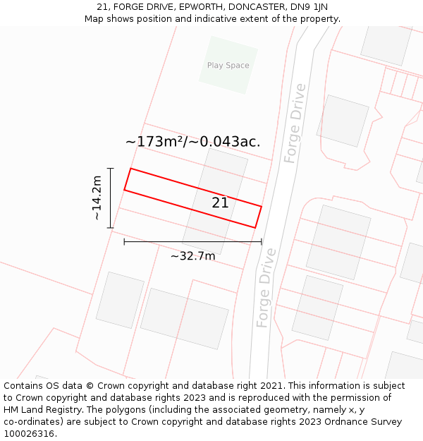21, FORGE DRIVE, EPWORTH, DONCASTER, DN9 1JN: Plot and title map
