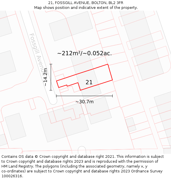 21, FOSSGILL AVENUE, BOLTON, BL2 3FR: Plot and title map
