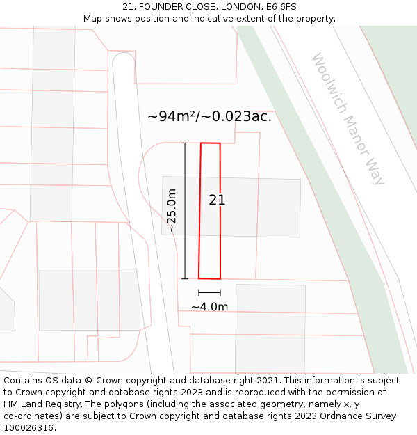 21, FOUNDER CLOSE, LONDON, E6 6FS: Plot and title map