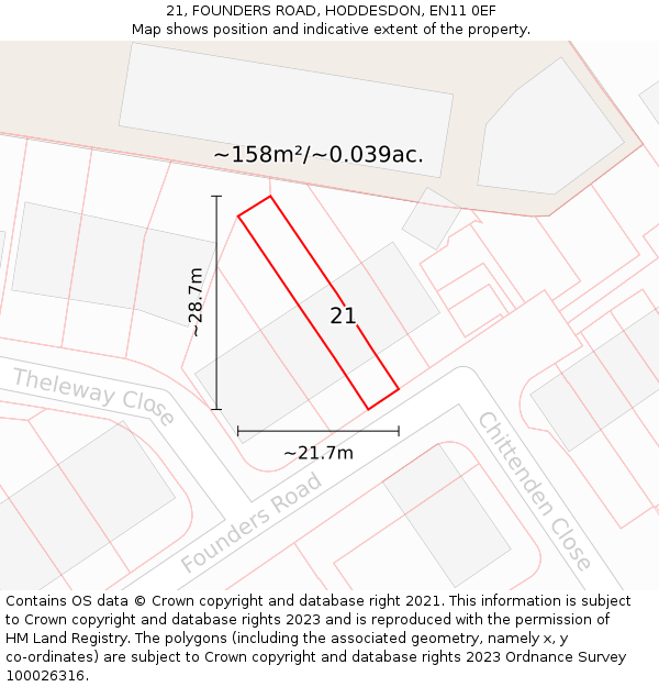 21, FOUNDERS ROAD, HODDESDON, EN11 0EF: Plot and title map
