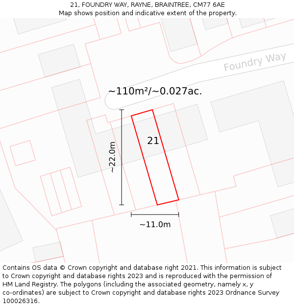 21, FOUNDRY WAY, RAYNE, BRAINTREE, CM77 6AE: Plot and title map