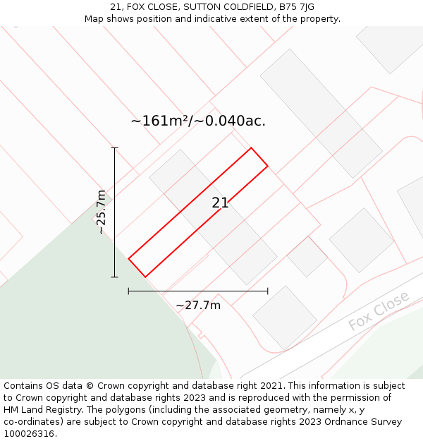 21, FOX CLOSE, SUTTON COLDFIELD, B75 7JG: Plot and title map