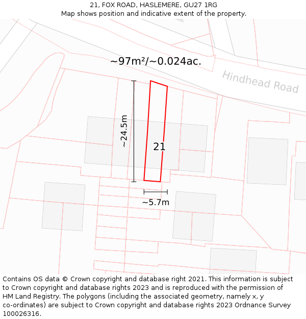 21, FOX ROAD, HASLEMERE, GU27 1RG: Plot and title map