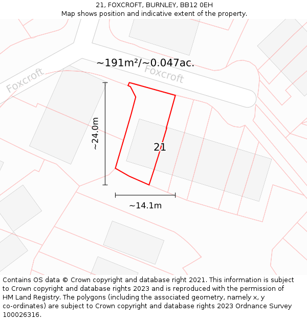 21, FOXCROFT, BURNLEY, BB12 0EH: Plot and title map