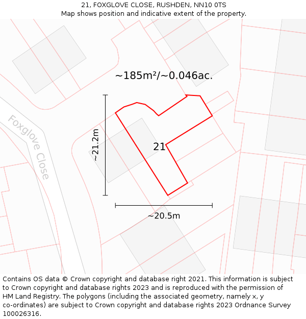 21, FOXGLOVE CLOSE, RUSHDEN, NN10 0TS: Plot and title map