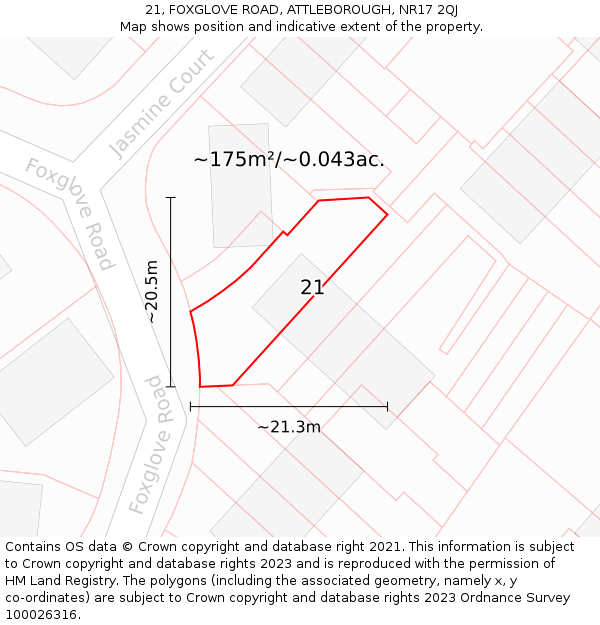 21, FOXGLOVE ROAD, ATTLEBOROUGH, NR17 2QJ: Plot and title map