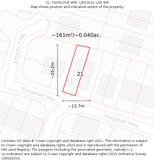 21, FOXGLOVE WAY, LINCOLN, LN5 9XF: Plot and title map