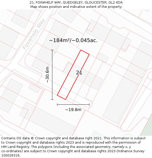 21, FOXWHELP WAY, QUEDGELEY, GLOUCESTER, GL2 4DA: Plot and title map