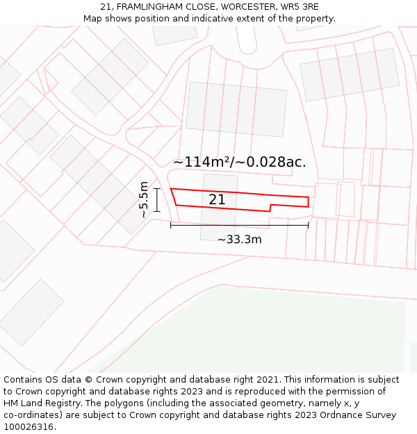 21, FRAMLINGHAM CLOSE, WORCESTER, WR5 3RE: Plot and title map