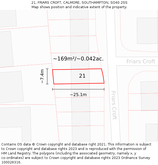 21, FRIARS CROFT, CALMORE, SOUTHAMPTON, SO40 2SS: Plot and title map