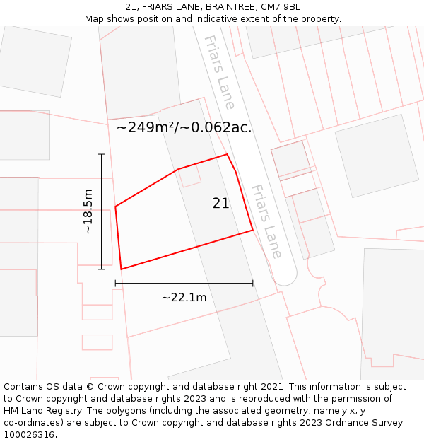21, FRIARS LANE, BRAINTREE, CM7 9BL: Plot and title map