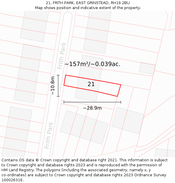 21, FRITH PARK, EAST GRINSTEAD, RH19 2BU: Plot and title map