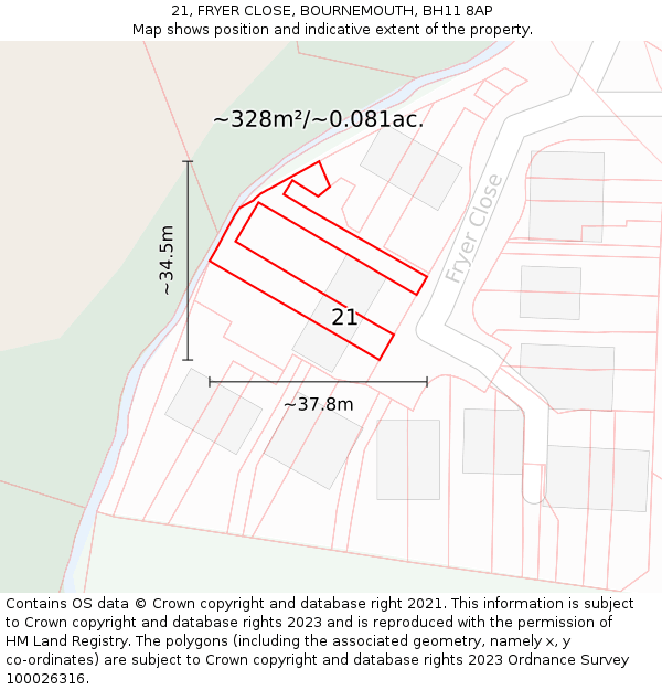 21, FRYER CLOSE, BOURNEMOUTH, BH11 8AP: Plot and title map