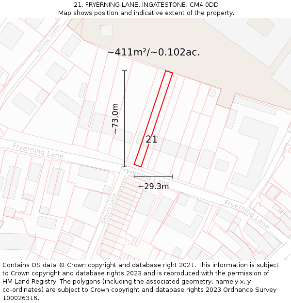 21, FRYERNING LANE, INGATESTONE, CM4 0DD: Plot and title map