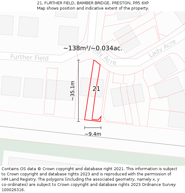 21, FURTHER FIELD, BAMBER BRIDGE, PRESTON, PR5 6XP: Plot and title map
