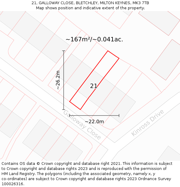 21, GALLOWAY CLOSE, BLETCHLEY, MILTON KEYNES, MK3 7TB: Plot and title map