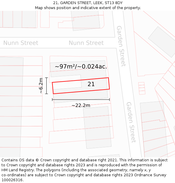 21, GARDEN STREET, LEEK, ST13 8DY: Plot and title map