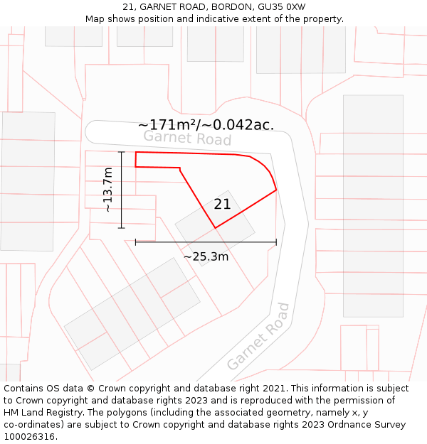 21, GARNET ROAD, BORDON, GU35 0XW: Plot and title map