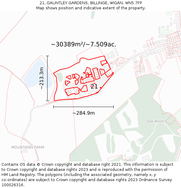 21, GAUNTLEY GARDENS, BILLINGE, WIGAN, WN5 7FP: Plot and title map