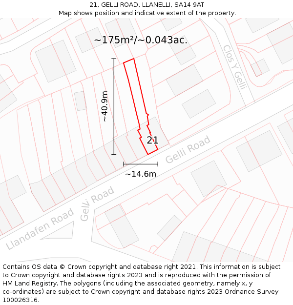 21, GELLI ROAD, LLANELLI, SA14 9AT: Plot and title map