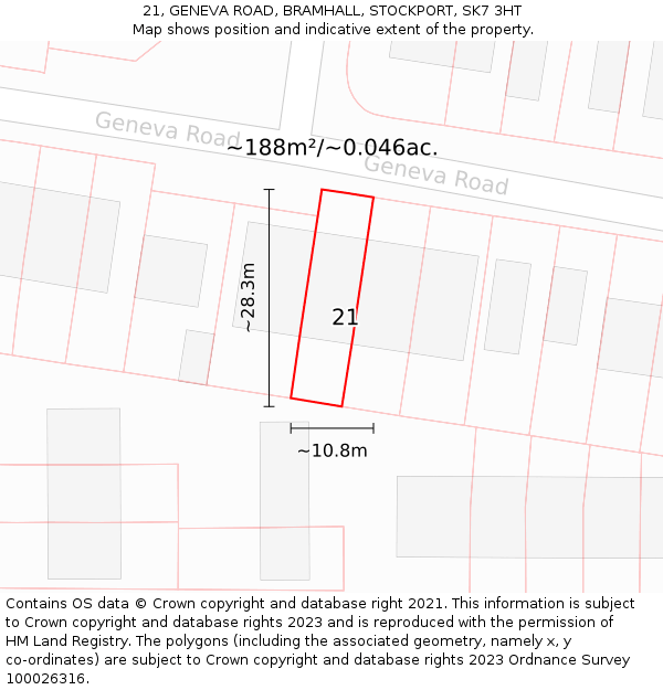 21, GENEVA ROAD, BRAMHALL, STOCKPORT, SK7 3HT: Plot and title map