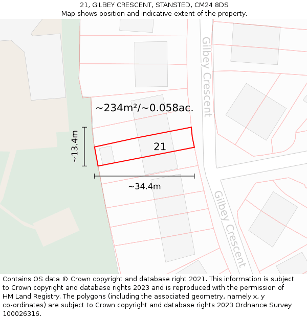 21, GILBEY CRESCENT, STANSTED, CM24 8DS: Plot and title map