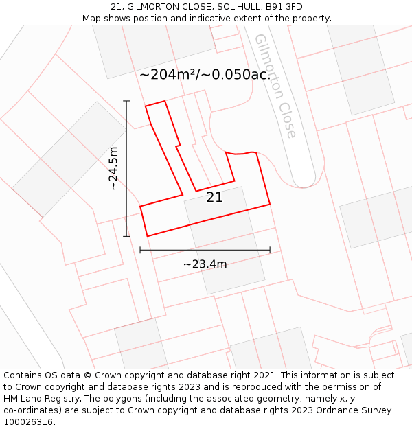 21, GILMORTON CLOSE, SOLIHULL, B91 3FD: Plot and title map