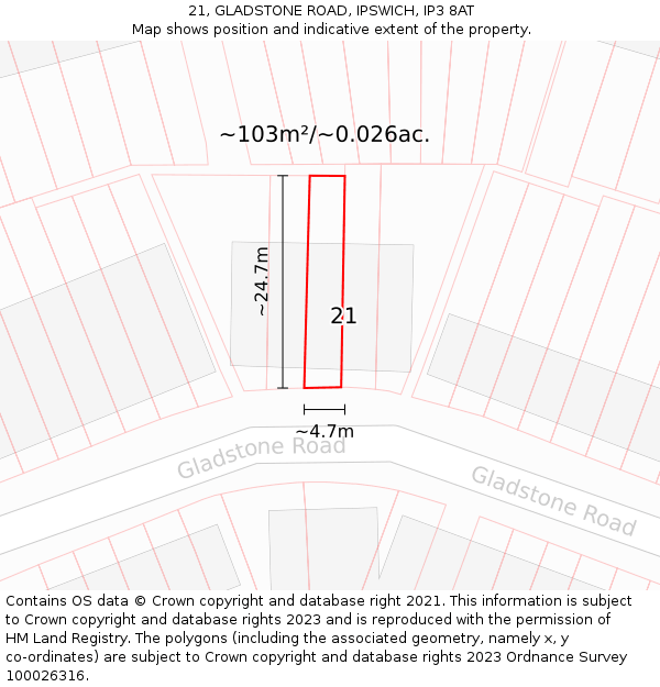 21, GLADSTONE ROAD, IPSWICH, IP3 8AT: Plot and title map