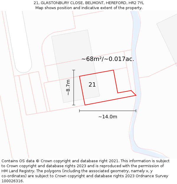 21, GLASTONBURY CLOSE, BELMONT, HEREFORD, HR2 7YL: Plot and title map
