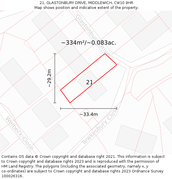 21, GLASTONBURY DRIVE, MIDDLEWICH, CW10 9HR: Plot and title map