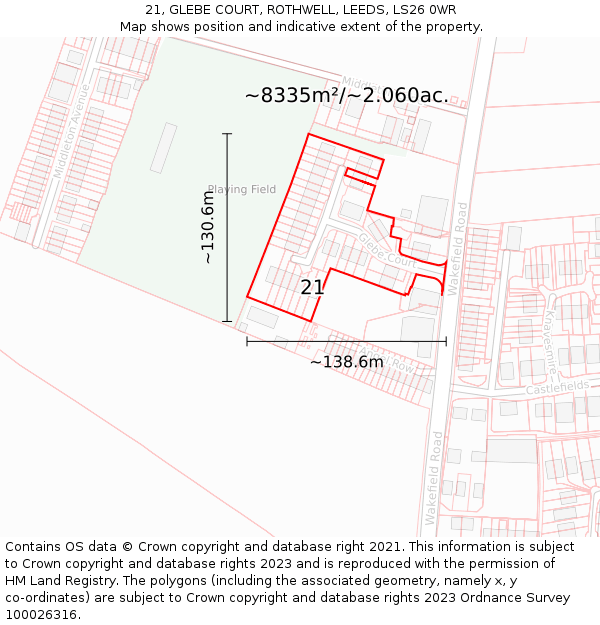 21, GLEBE COURT, ROTHWELL, LEEDS, LS26 0WR: Plot and title map