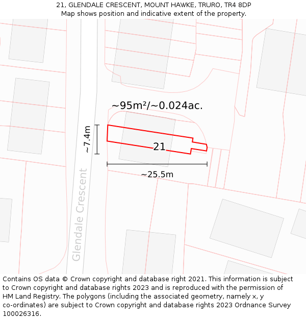 21, GLENDALE CRESCENT, MOUNT HAWKE, TRURO, TR4 8DP: Plot and title map