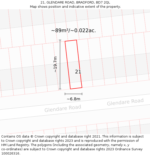 21, GLENDARE ROAD, BRADFORD, BD7 2QL: Plot and title map