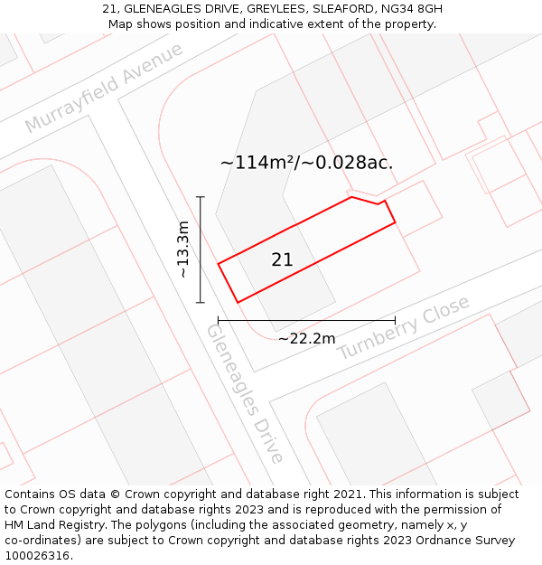 21, GLENEAGLES DRIVE, GREYLEES, SLEAFORD, NG34 8GH: Plot and title map