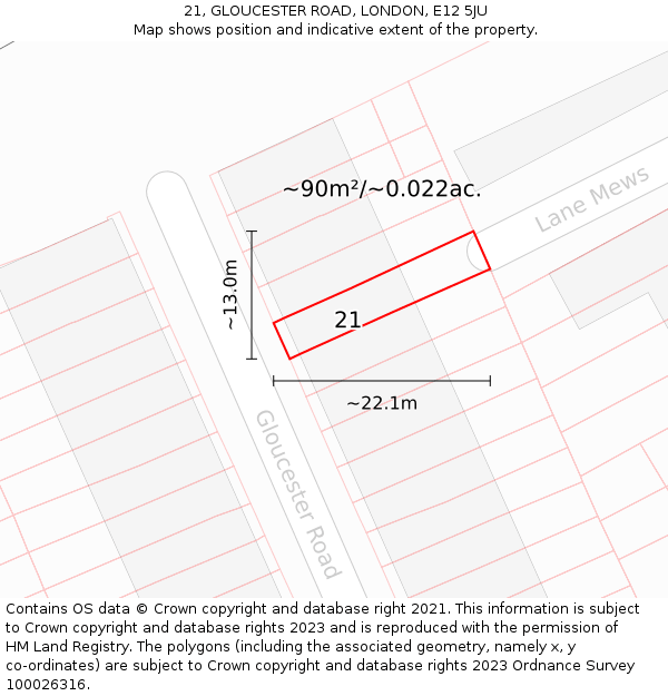 21, GLOUCESTER ROAD, LONDON, E12 5JU: Plot and title map