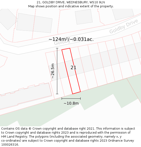 21, GOLDBY DRIVE, WEDNESBURY, WS10 9LN: Plot and title map