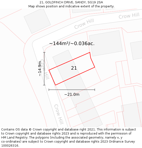 21, GOLDFINCH DRIVE, SANDY, SG19 2SA: Plot and title map