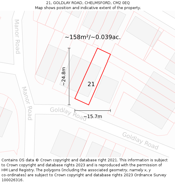 21, GOLDLAY ROAD, CHELMSFORD, CM2 0EQ: Plot and title map