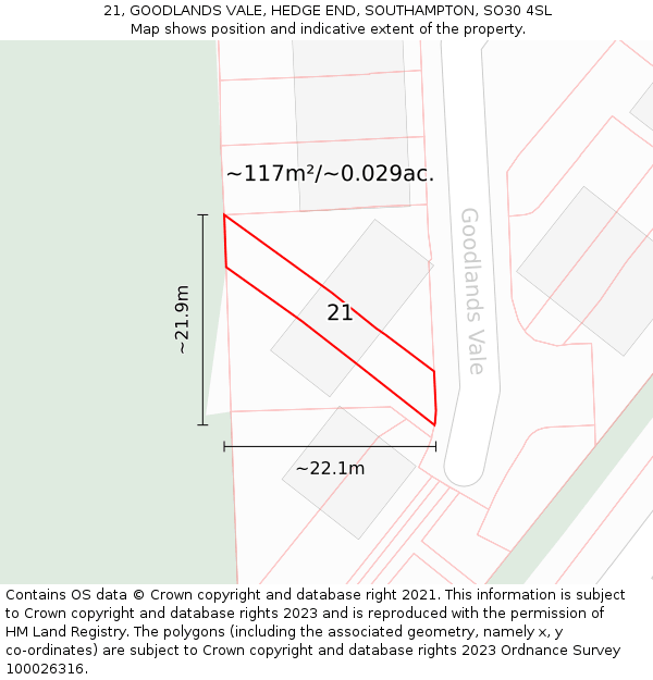 21, GOODLANDS VALE, HEDGE END, SOUTHAMPTON, SO30 4SL: Plot and title map