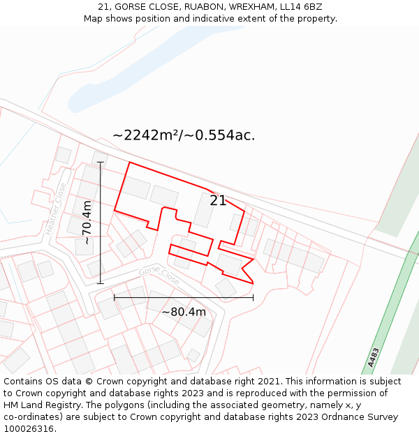 21, GORSE CLOSE, RUABON, WREXHAM, LL14 6BZ: Plot and title map