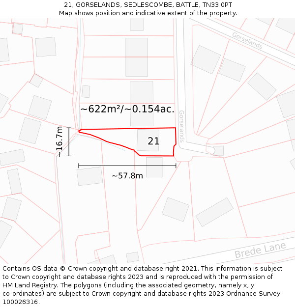 21, GORSELANDS, SEDLESCOMBE, BATTLE, TN33 0PT: Plot and title map